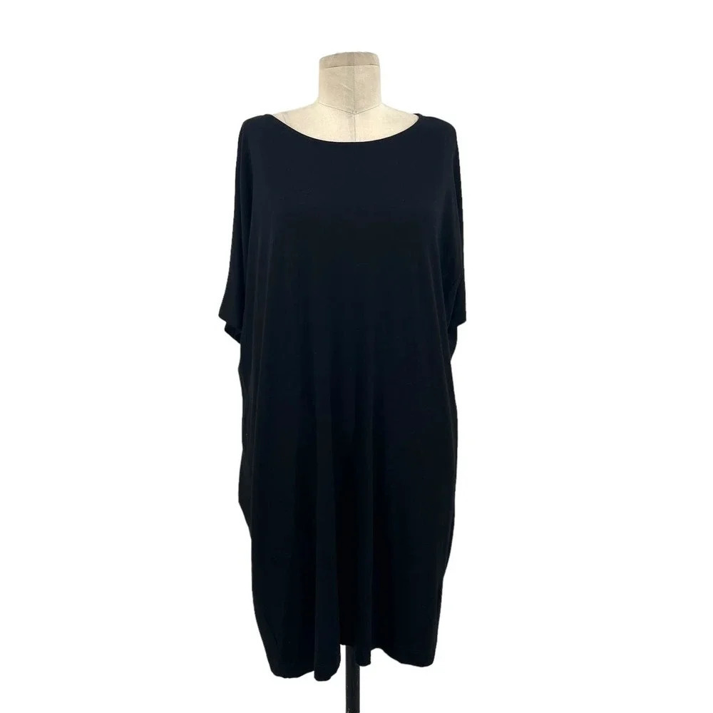 Eileen Fisher Black Short Sleeve Stretch Jersey Tunic Dress Size Medium
